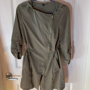 Hooded asymmetrical olive green jacket with zips & pockets. Size S, lightly worn